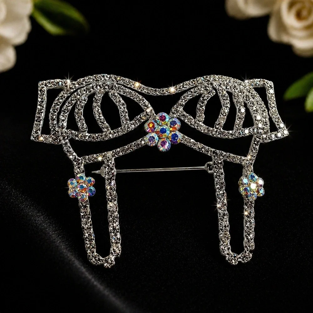 Vintage Elephant Brooch Silver Tone Rhinestone AB Crystal‎ Flower Statement Pin